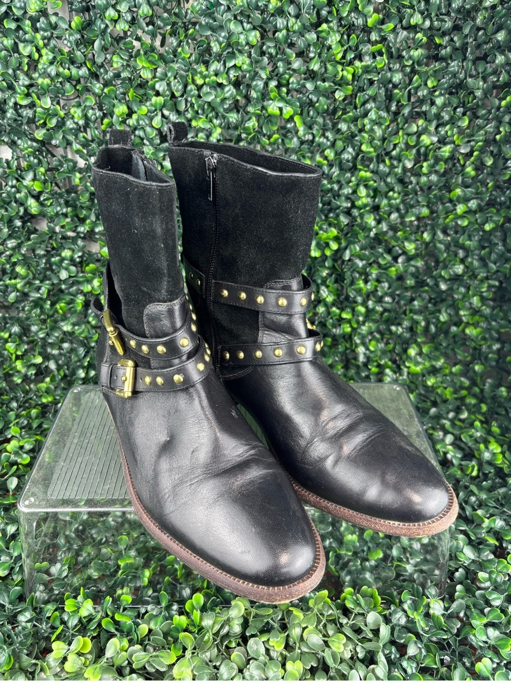 COACH LILIANA LEATHER AND SUEDE WITH GOLD STUD Ankle Boots in Black SIZE 7 Woman